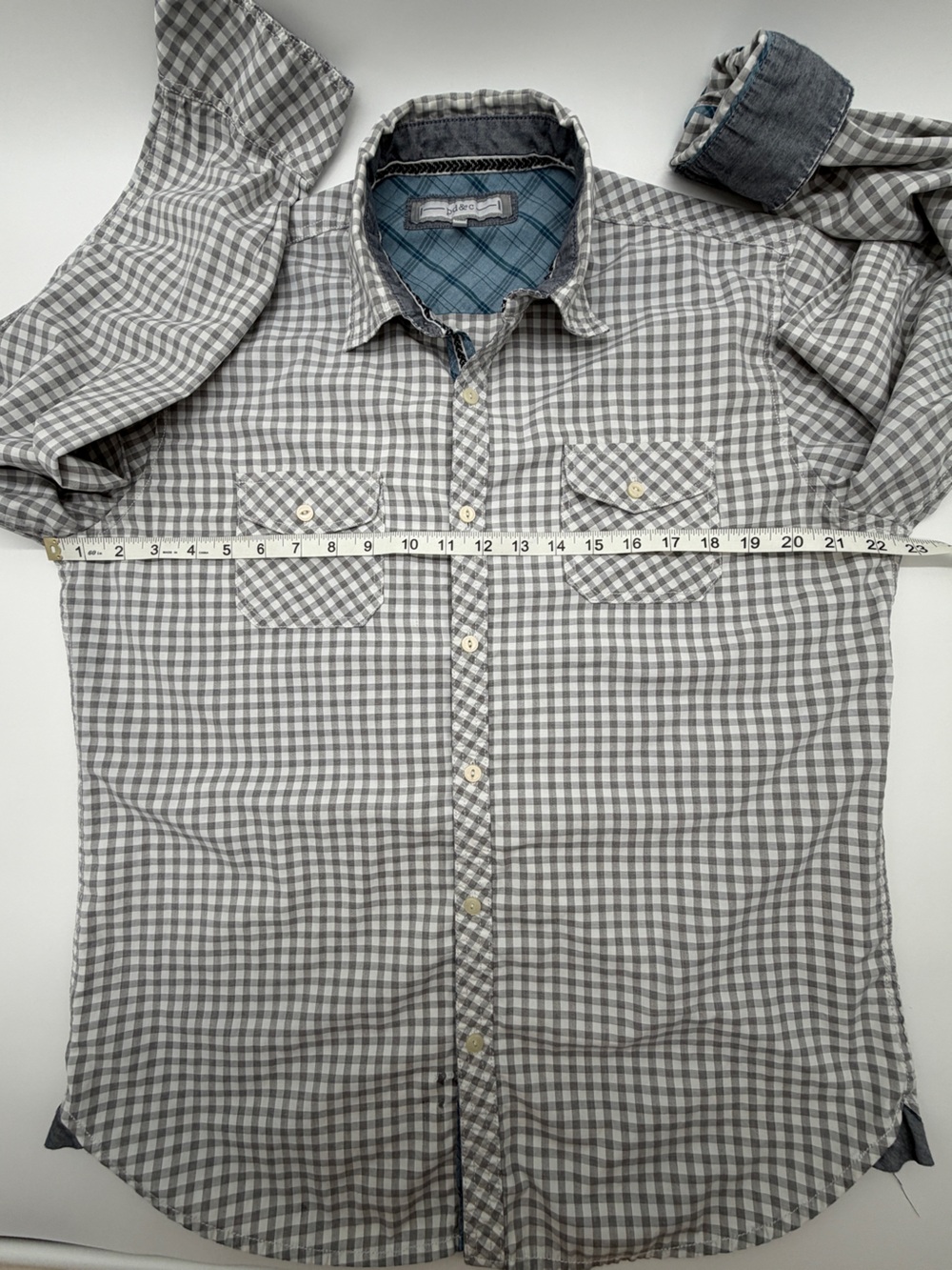 Men's Large Gingham Plaid Long Sleeve Button Down Shirt Gray White Blue Trim ** - Picture 5 of 7
